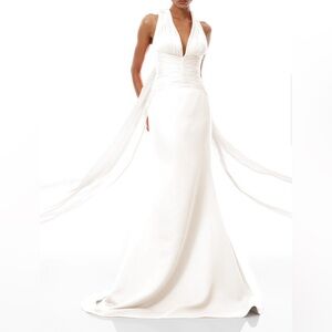 Emmeline White Train Design Gathered Maxi Dress Elegant White Gown